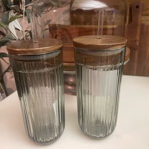 Hearth and hand fluted glass tumblers with wood lids Set of 2!